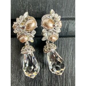 St John Crystal Drop Clip Earrings Faux Pearl Rhinestone Statement